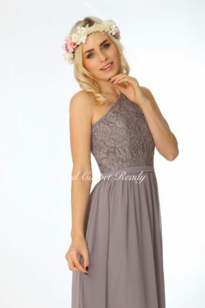 Chiffon bridesmaids dress with a lace bodice and jewel neckline.