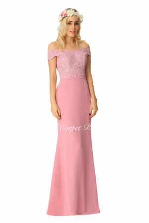 Bridesmaids dress with a chiffon skirt and off-the-shoulder lace bodice with a floral pattern.