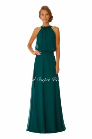 Sleeveless chiffon bridesmaids dress with a halter neckline containing floral beading.
