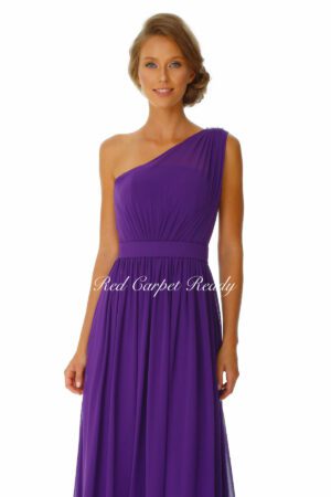 Chiffon bridesmaids dress with a singular over-the-shoulder strap and draped details.