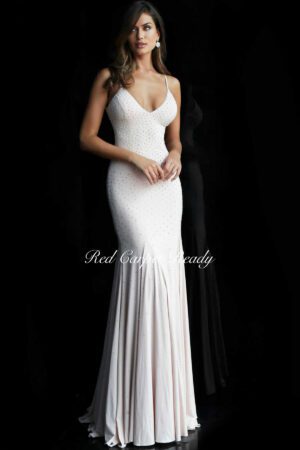 Sleeveless bodycon dress with a plunging v-neck, straps and silver beaded embellishments.