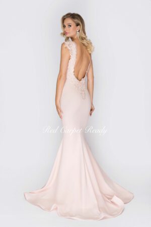 Blush pink bodycon dress with a lace and crystal detailed neckline and cut away shoulders.