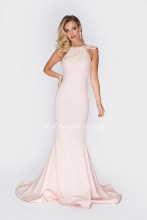 Blush pink bodycon dress with a lace and crystal detailed neckline and cut away shoulders.