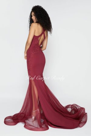 Burgundy A-line bodycon dress with embroidery detailing.