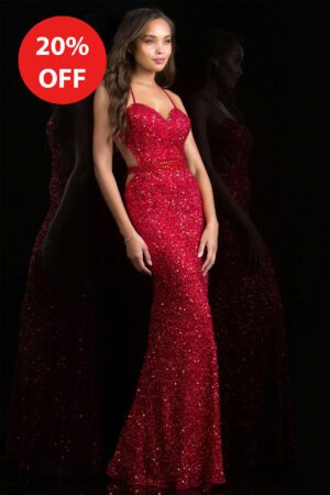 Sparkly red bodycon dress with a waist belt, v-neck, leg split and straps.