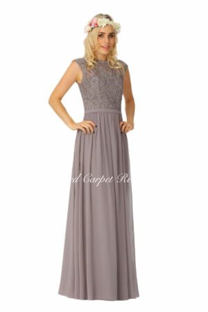 Chiffon bridesmaids dress with a lace bodice and jewel neckline.