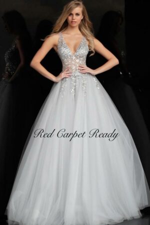 Grey ballgown featuring a crystal embellished bodice with a v-neck.