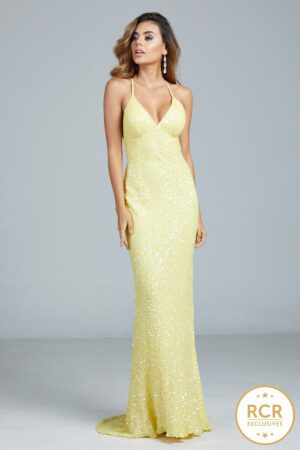 Sleeveless sparkly bodycon dress with sequin embellishments, a low-cut v-neck and straps.