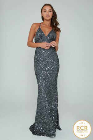 Sleeveless sparkly bodycon dress with sequin embellishments and a low-cut v-neck and straps.