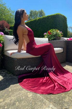 burgundy slinky prom and evening gown