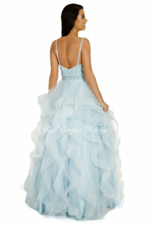 Light blue ballgown with tiered ruffles and beaded embellishments to the bodice.