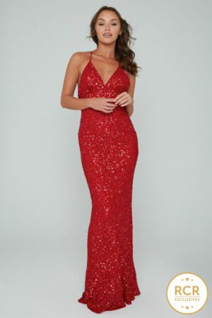 Sleeveless sparkly bodycon dress with sequin embellishments, a low-cut v-neck and straps.