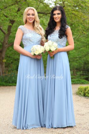A-line maxi length bridesmaids dress in light blue with embroidery detailing.