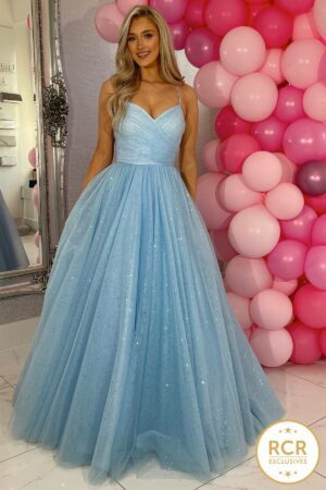 Light blue sparkly ballgown with a corset back and straps.