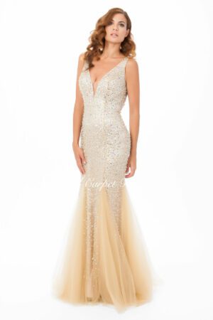 Nude coloured fishtail dress with silver crystal beading and a plunging v-neckline.