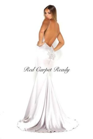 Silver satin dress with lace appliques to the bodice.