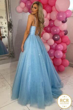 Light blue sparkly ballgown with a corset back and straps.
