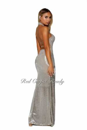 Silver bodycon dress with a fully embellished sequin and glitter bodice, halter neckline and open back with lace up detailing.