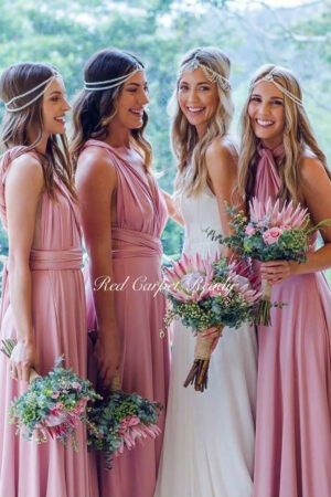Sleeveless pink bridesmaids dress.