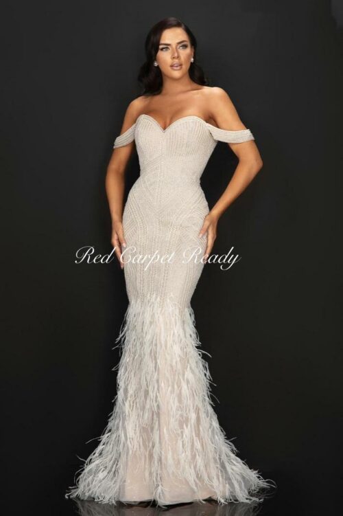 Silver off-the-shoulder dress with a feathered fishtail.
