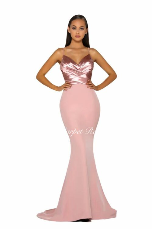 Slinky blush pink dress with a satin bodice featuring a v-neck and straps.