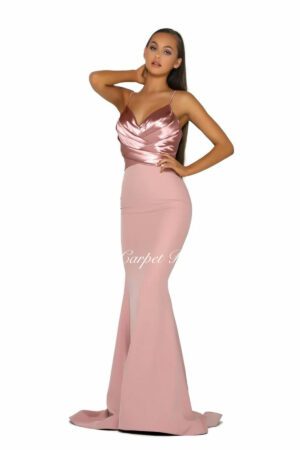 Slinky blush pink dress with a satin bodice featuring a v-neck and straps.