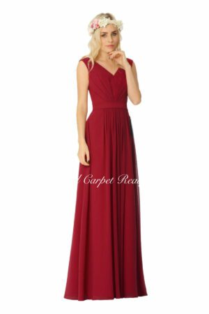 Chiffon bridesmaids dress with a v-neckline and a criss-cross ruching style.