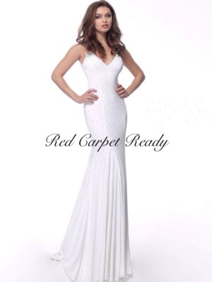 Slinky white dress with silver beaded detailing, a v-neck and straps.