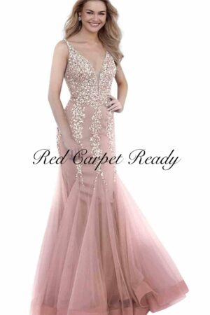 Blush pink fishtail dress featuring sequin embellishments to the bodice and a v-neck.