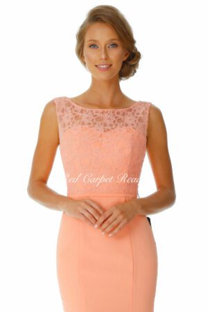 Chiffon bridesmaids dress featuring a lace bodice with a scoop neckline.