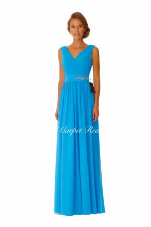 Chiffon bridesmaids dress with a v-neckline and crystal embellishments to the waist.