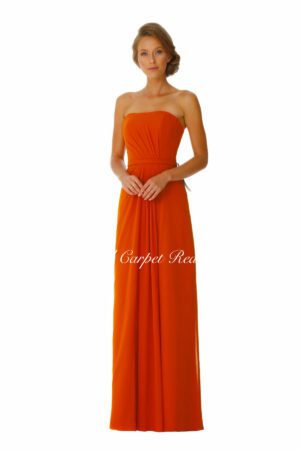 Strapless chiffon bridesmaids dress with ruched details.