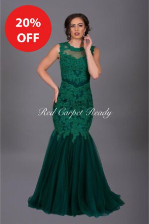 Emerald green fishtail dress with embroidery detailing and a high neckline.