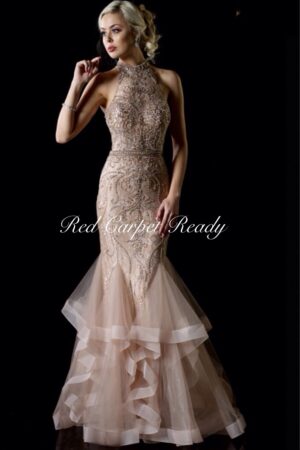 Sand coloured sleeveless fishtail dress with sequin embellishments and a halter neckline.