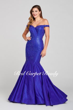 Blue off-the-shoulder mermaid dress with beaded embellishments.