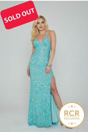 Sleeveless sparkly bodycon dress with sequin embellishments, a low-cut v-neck, leg split and straps.