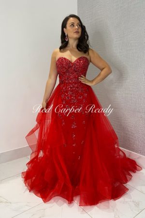 Red strapless fishtail dress with sequin embellishments to the bodice.