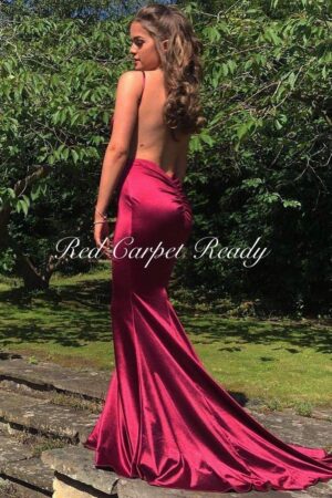 Slinky burgundy dress with a mermaid train, open back and straps.