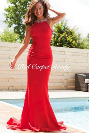 Tight fitting red dress with a crystal embellished high-neckline.