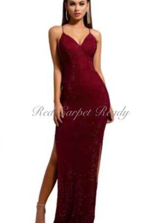 Slinky red dress featuring sequin embellishments, a v-neck and straps.