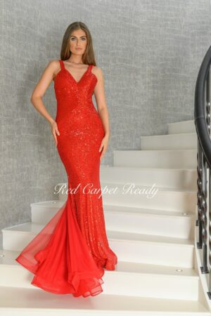 Red mermaid dress with a v-neck, straps and sequin embellishments.