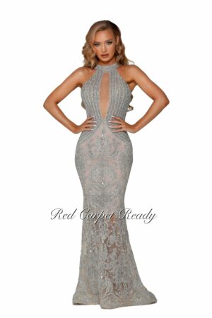 Silver and nude couture dress with a plunging v-front neckline. Sequins and glitter fabric with 3D floral embroidery make up the bodice.