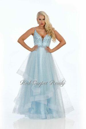 Light blue ballgown with tiered ruffles, crystal embroidered bodice, v-neck and straps.