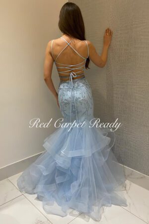 Two piece light blue fishtail, heavily beaded with silver sequin detailing.