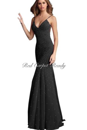 Slinky black dress with silver beaded detailing, a v-neck and straps.
