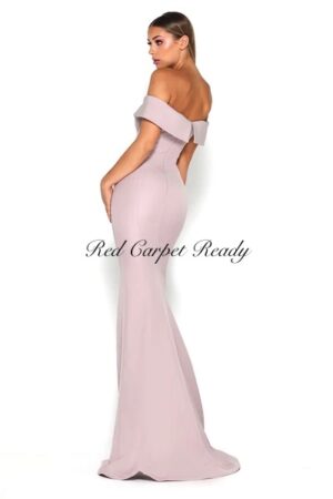 Blush pink off-the-shoulder dress with a leg split.