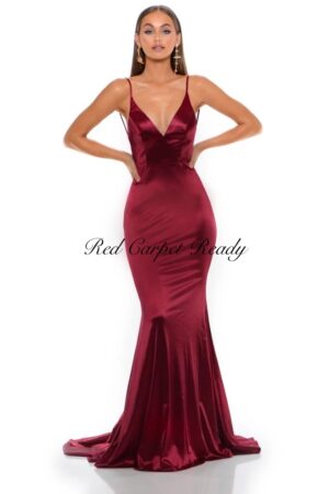 Deep red satin mermaid dress with a v-neck and straps.