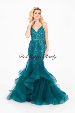 Green fishtail dress with sequin embellishments, a v-neck and straps.