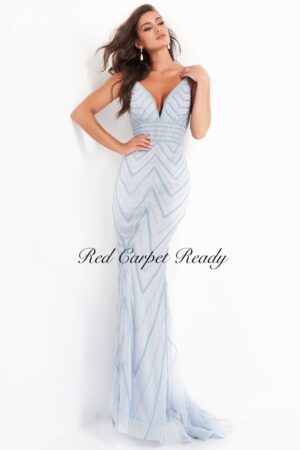 Tight fitting light blue dress with sequin embellishments, a low-cut v-neck and straps.