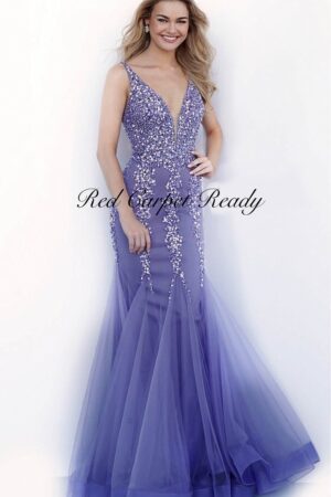 Lilac fishtail dress with silver sequin embellishments and a plunging v-neckline.